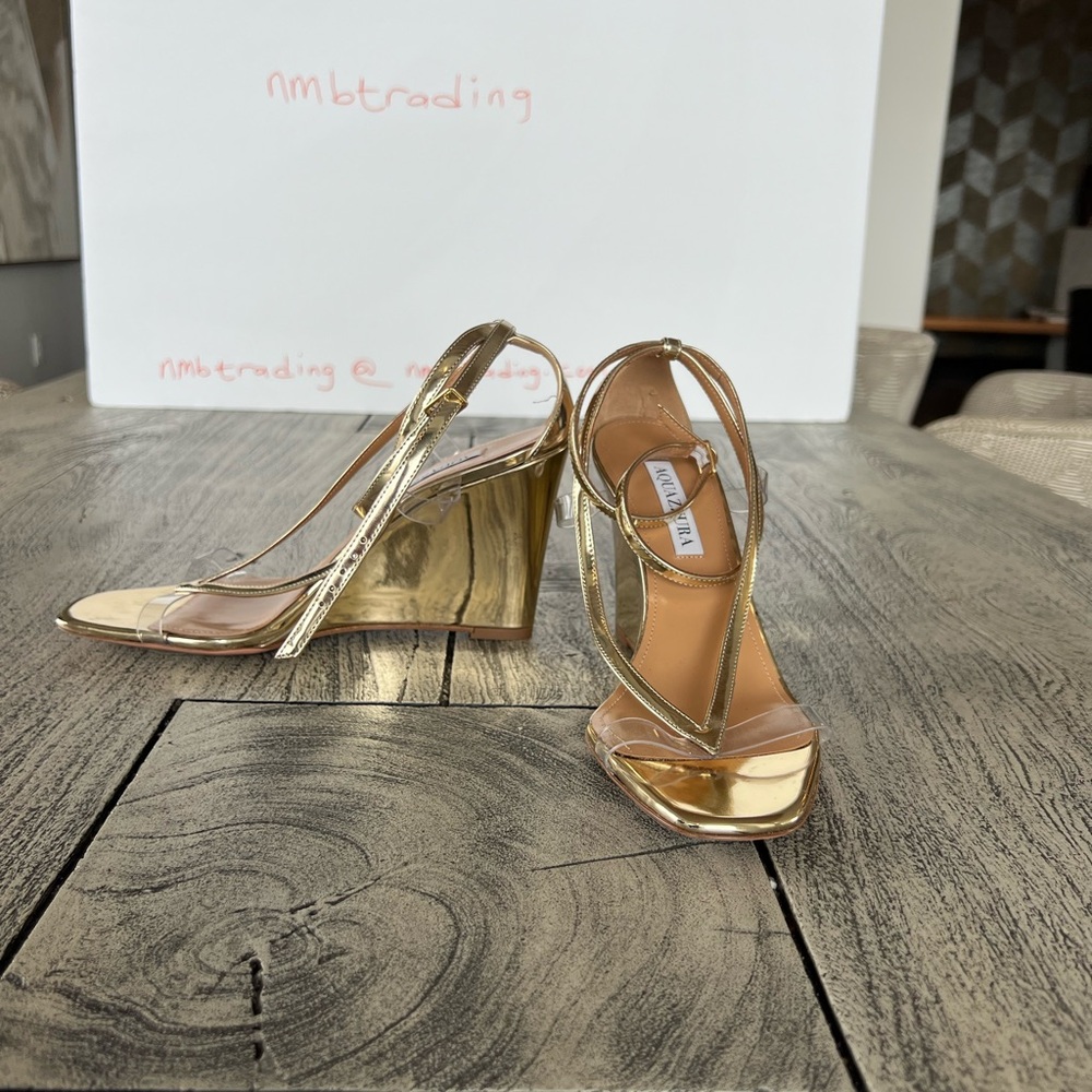 Aquazzura glossy gold metallic leather size 8M(38) strappy wedge heel sandals - Picture 10 of 16